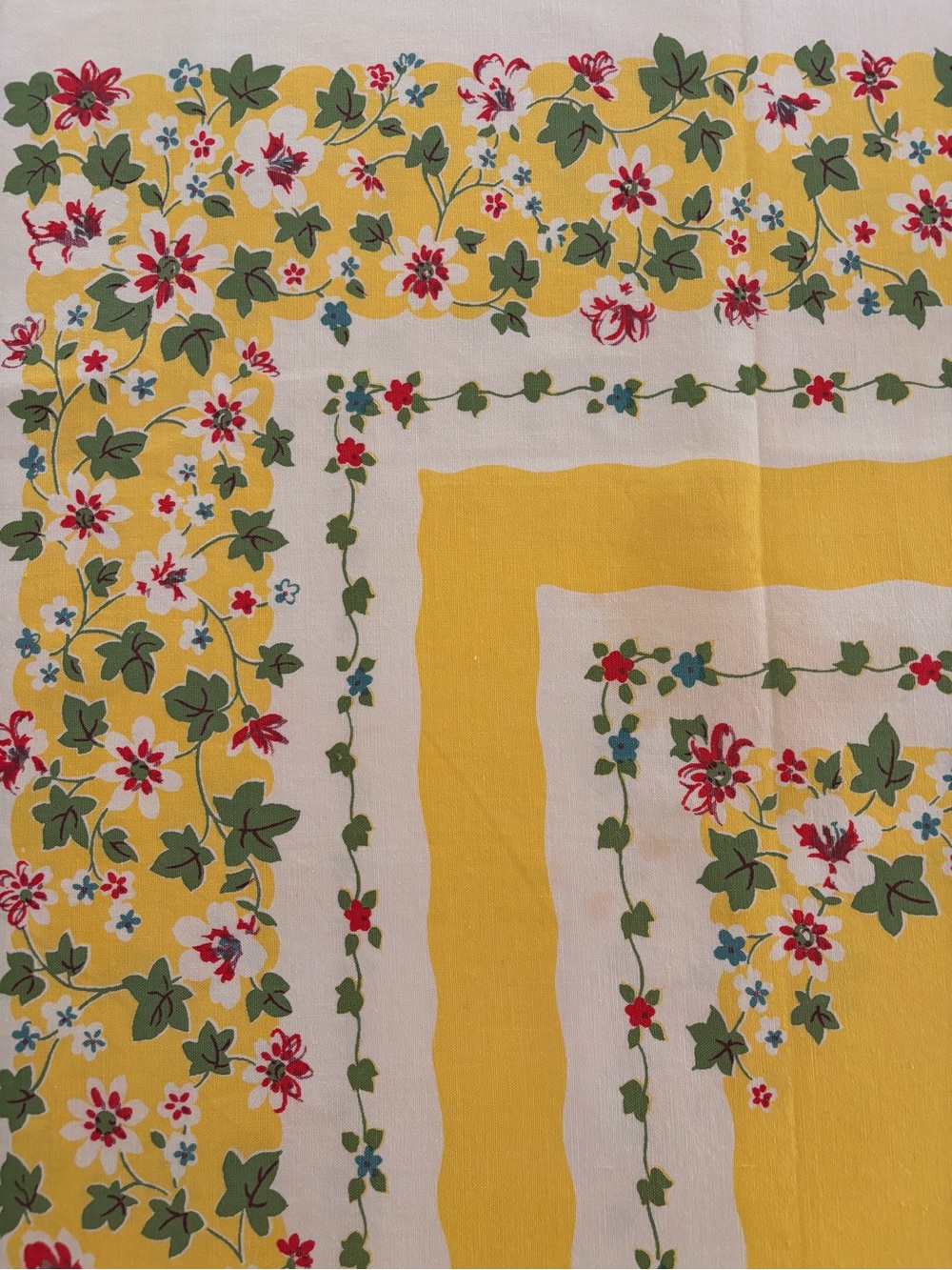 Vintage Tablecloth Kitchen Yellow Floral and Ivy 48x60